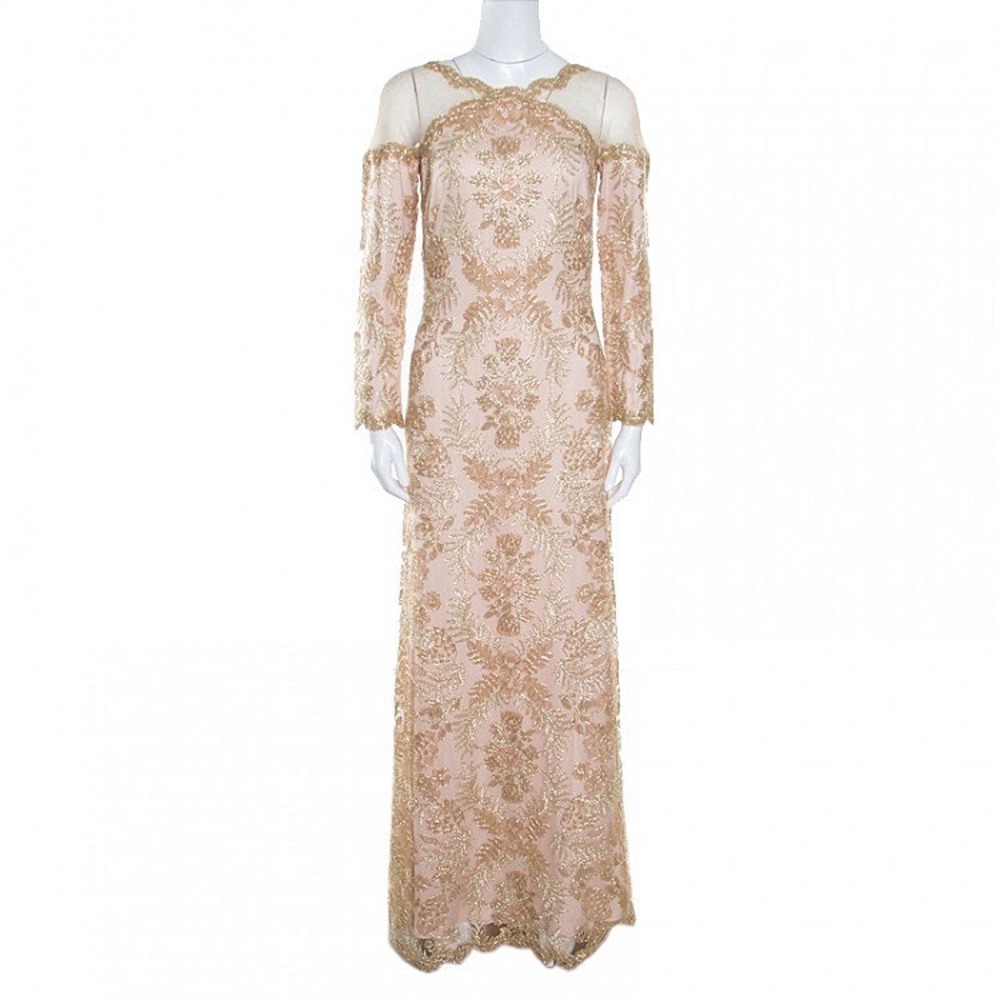 Tadashi Shoji Metallic Cord Embroidered Tulle Gold Evening Gown Illusion 18